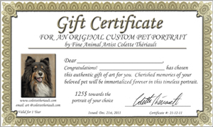 Pet Portrait Gift Certificate by Award Winning Artist Colette Theriault
